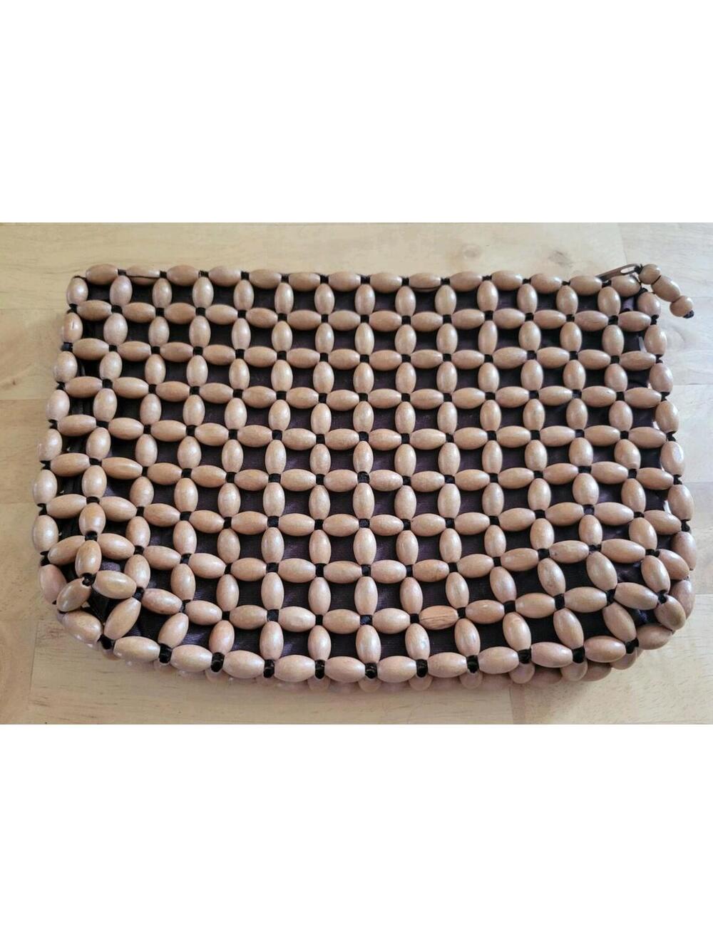 Vintage Wooden Beaded Clutch Purse Mid Century Hand Strung Zipper Bag